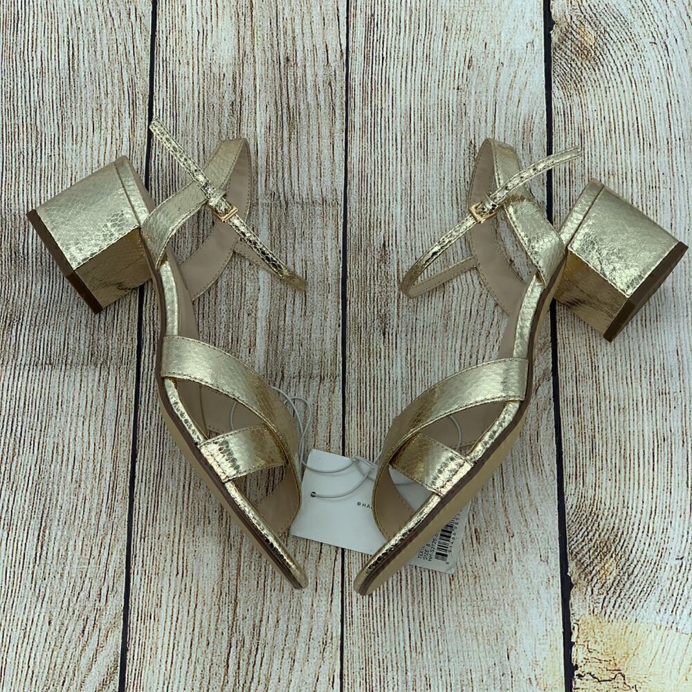 Halston Metallic Gold Snakeskin Strappy Heels - Picture 3 of 12